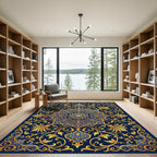 Golden Floral Medallion Navy Ornate Tapestry Rug