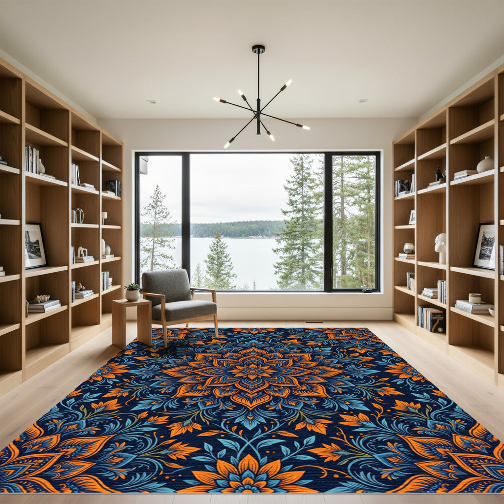 Orange Blue Floral Medallion Art Rug