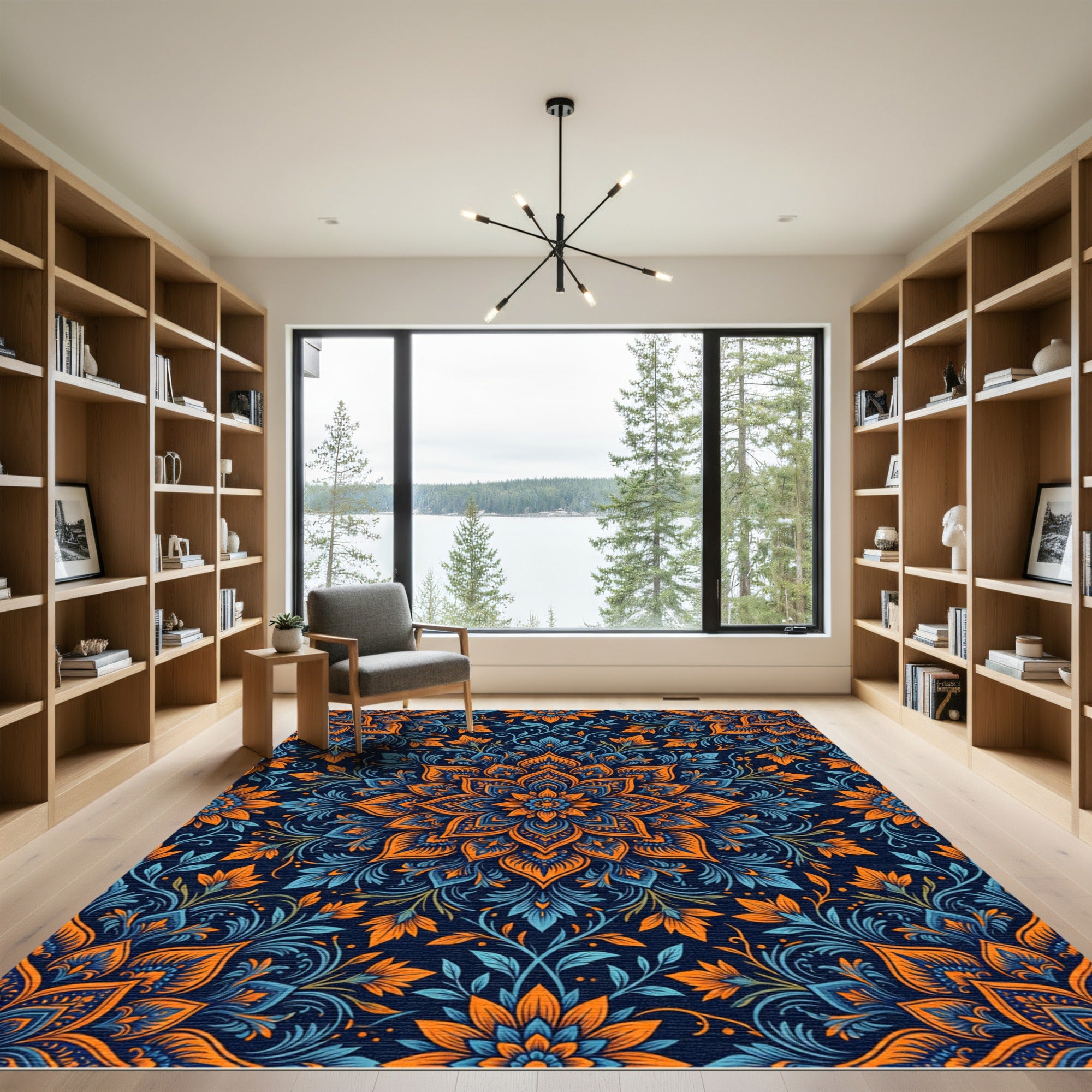Orange Blue Floral Medallion Art Rug