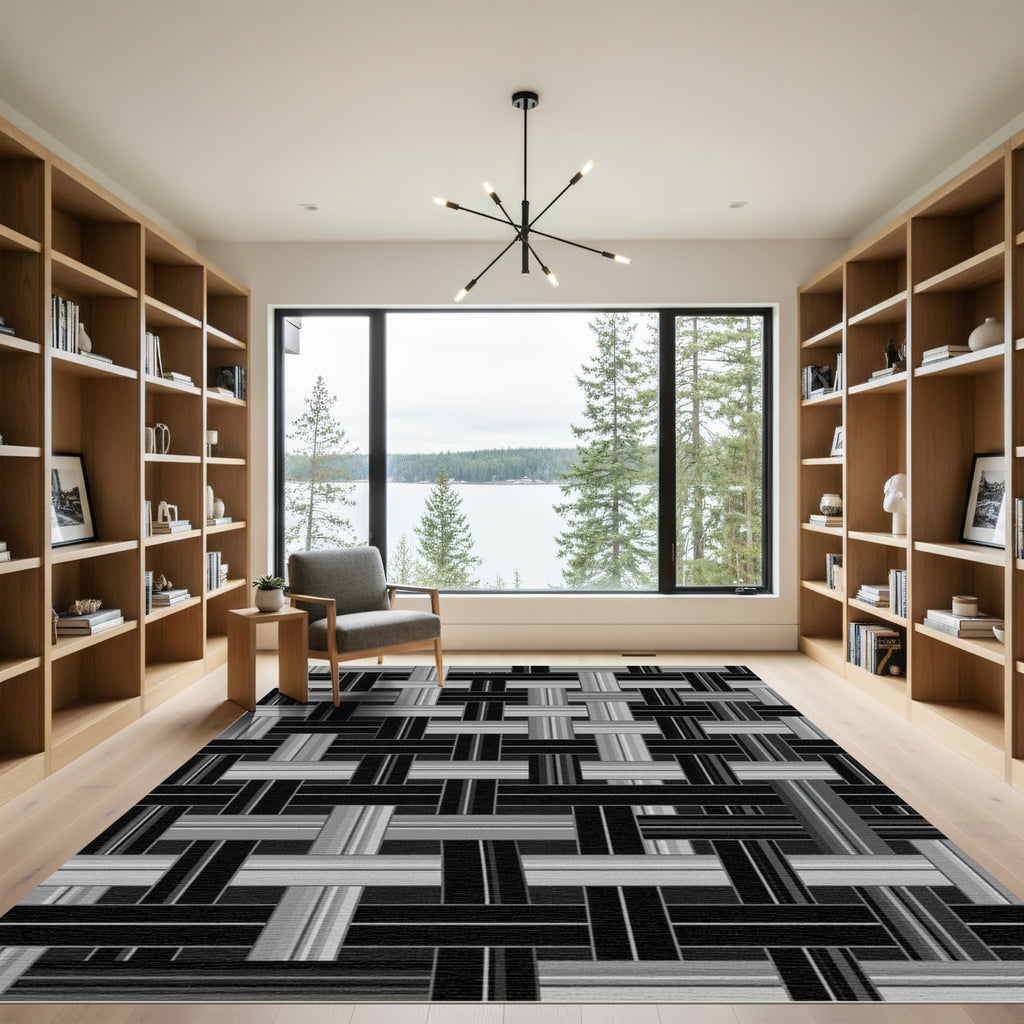Monochromatic Woven Grid Graphic Rug