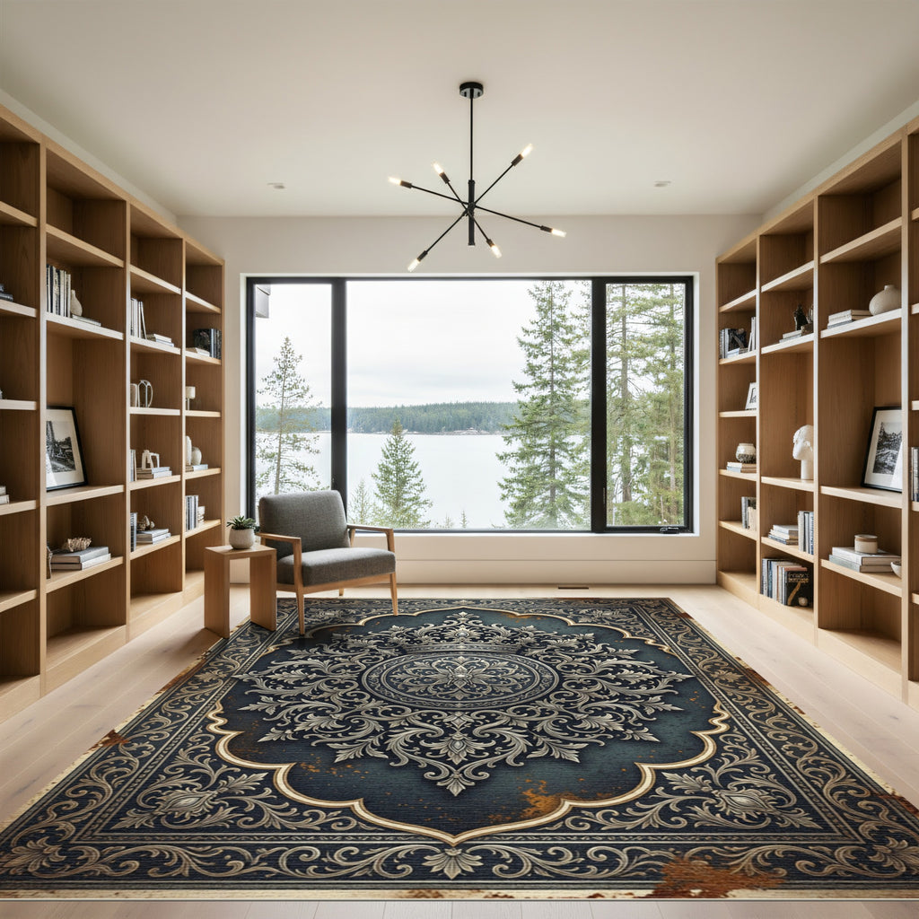 Ornate Royal Silver Floral Medallion Rug