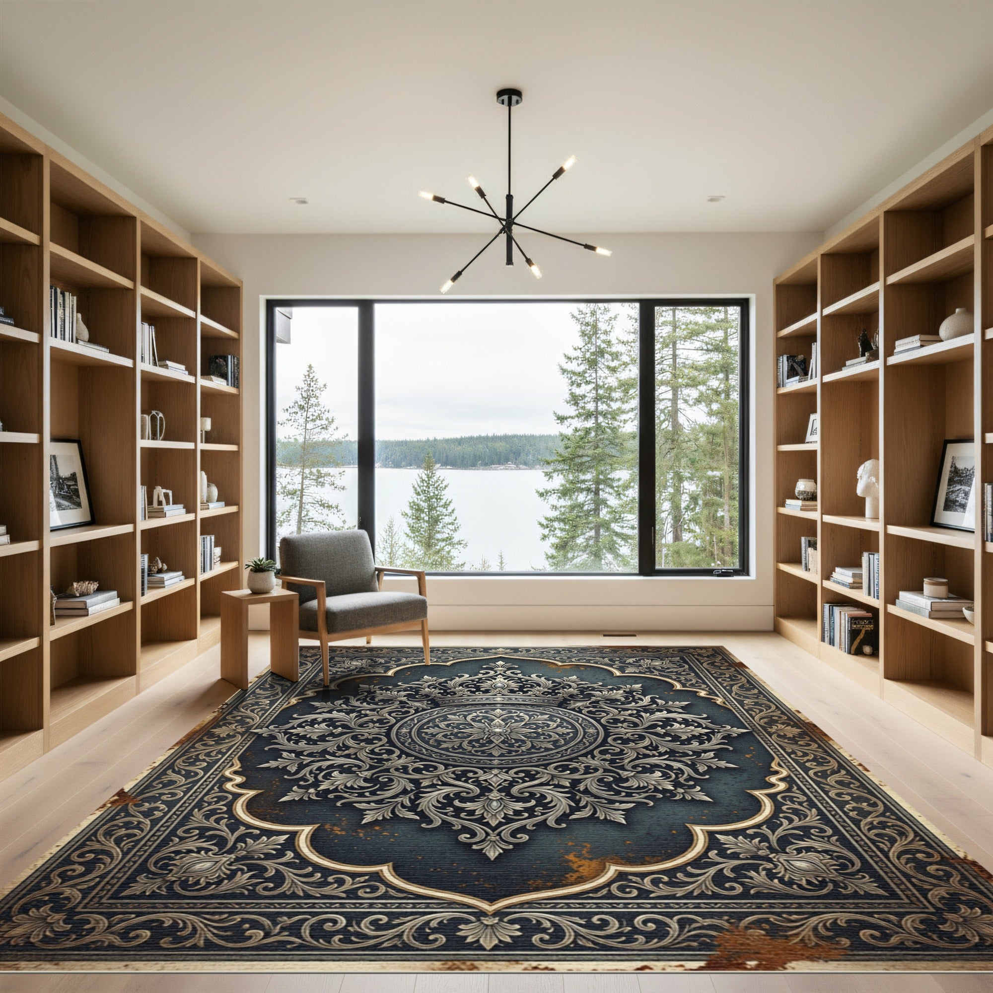 Ornate Royal Silver Floral Medallion Rug