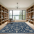 Indigo Floral Vine Damask Rectangular Area Rug