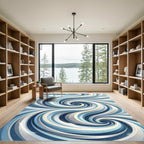 Blue Abstract Swirling Wave Cream Rug