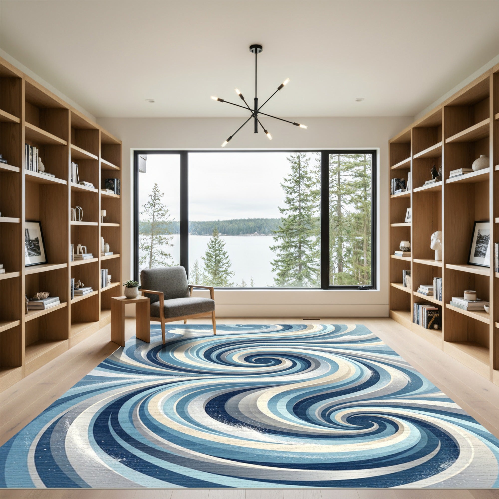 Blue Abstract Swirling Wave Cream Rug