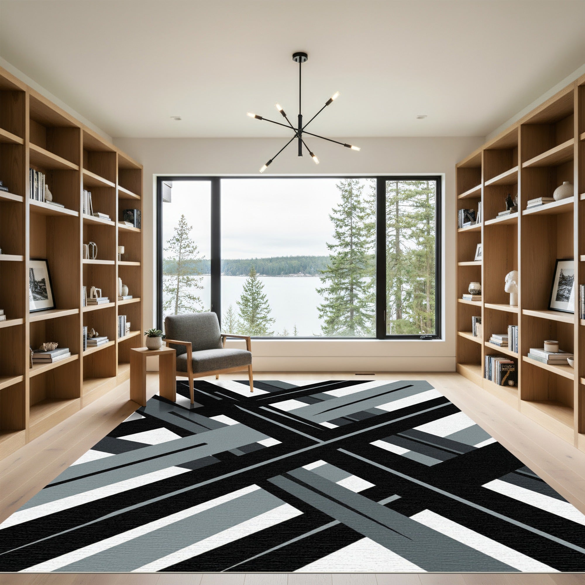 Modern Monochrome Geometric Abstract Lines Rug