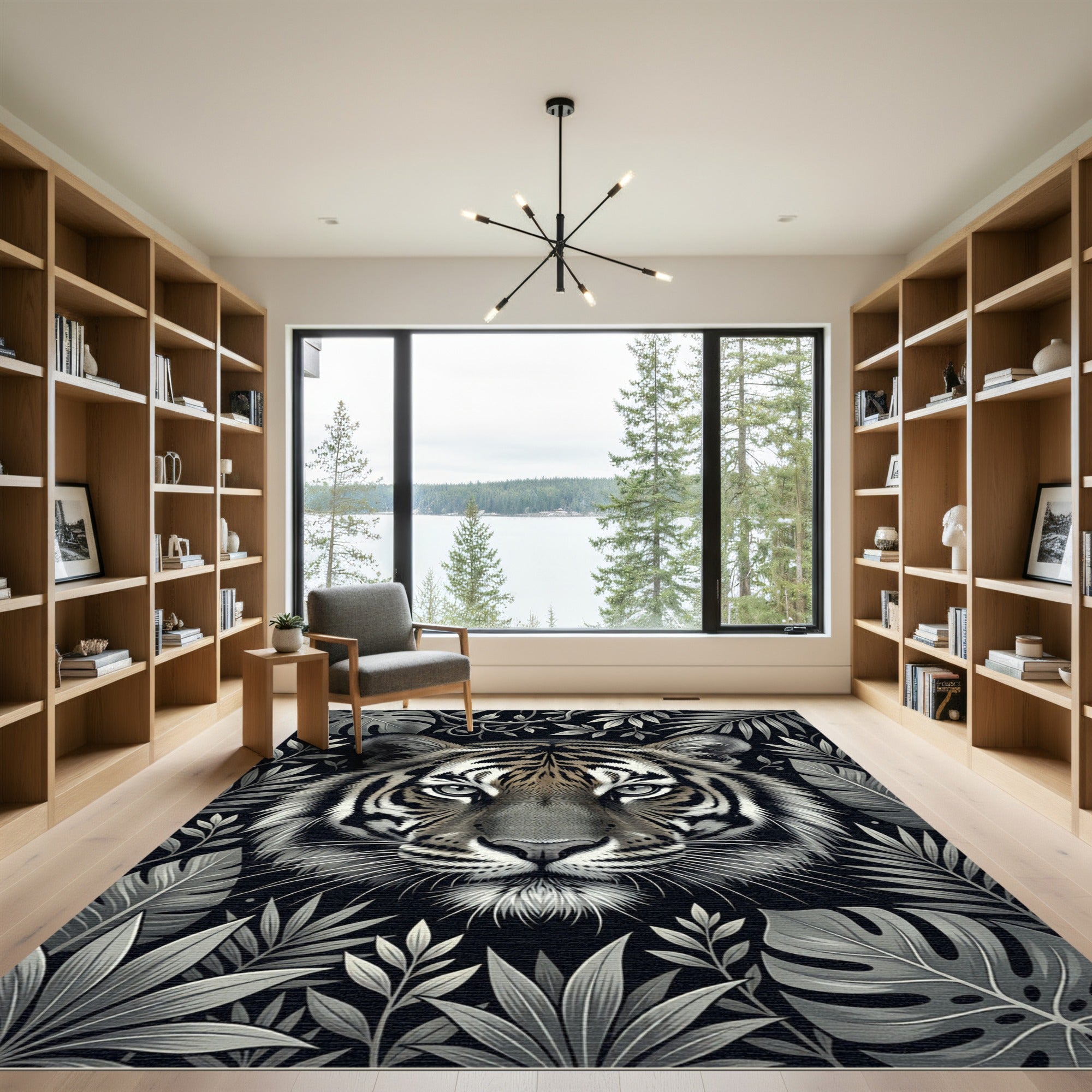 Monochromatic Tiger Jungle Foliage Rug