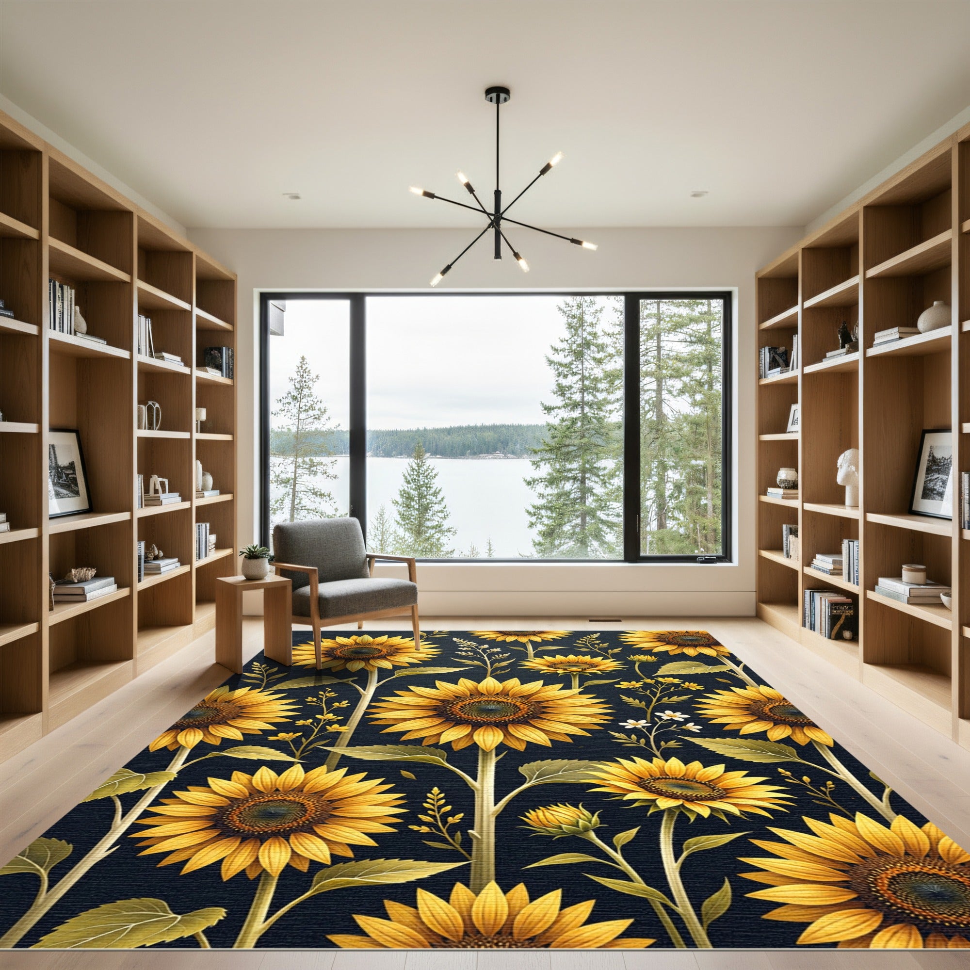 Radiant Golden Sunflower Botanical Illustration Rug