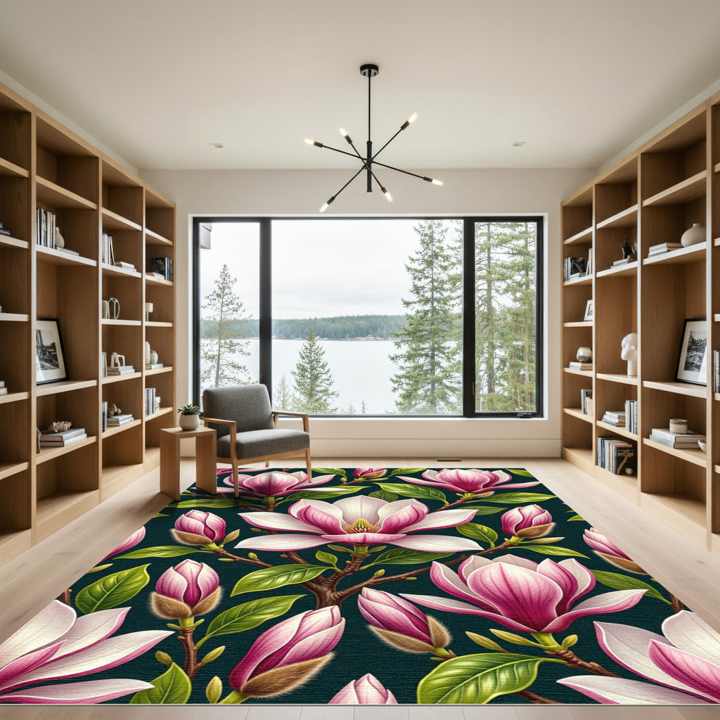 Pink White Magnolia Branch Bloom Rug