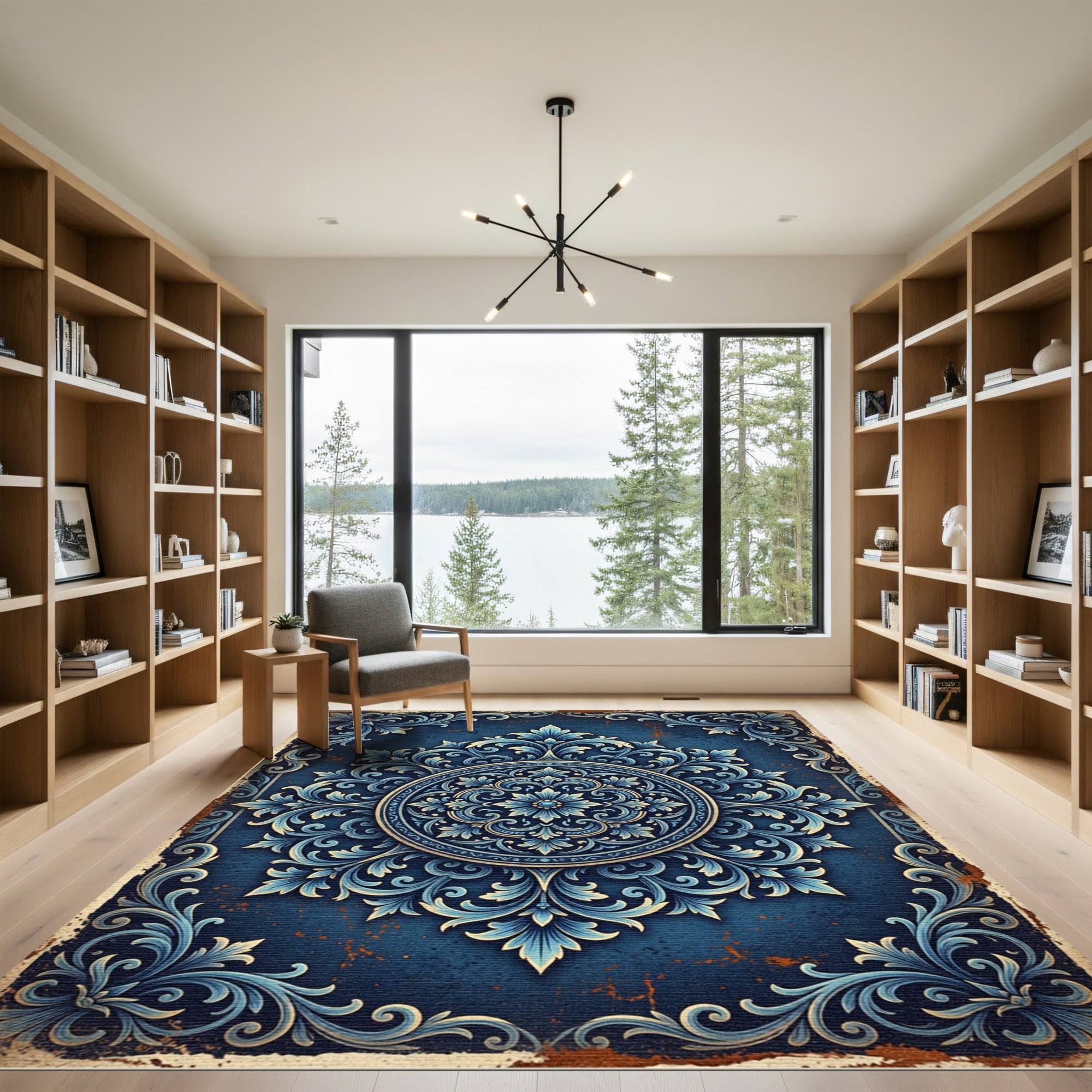 Vintage Navy Blue Floral Medallion Rug