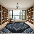Sophisticated Navy Blue Ornate Floral Medallion Rug