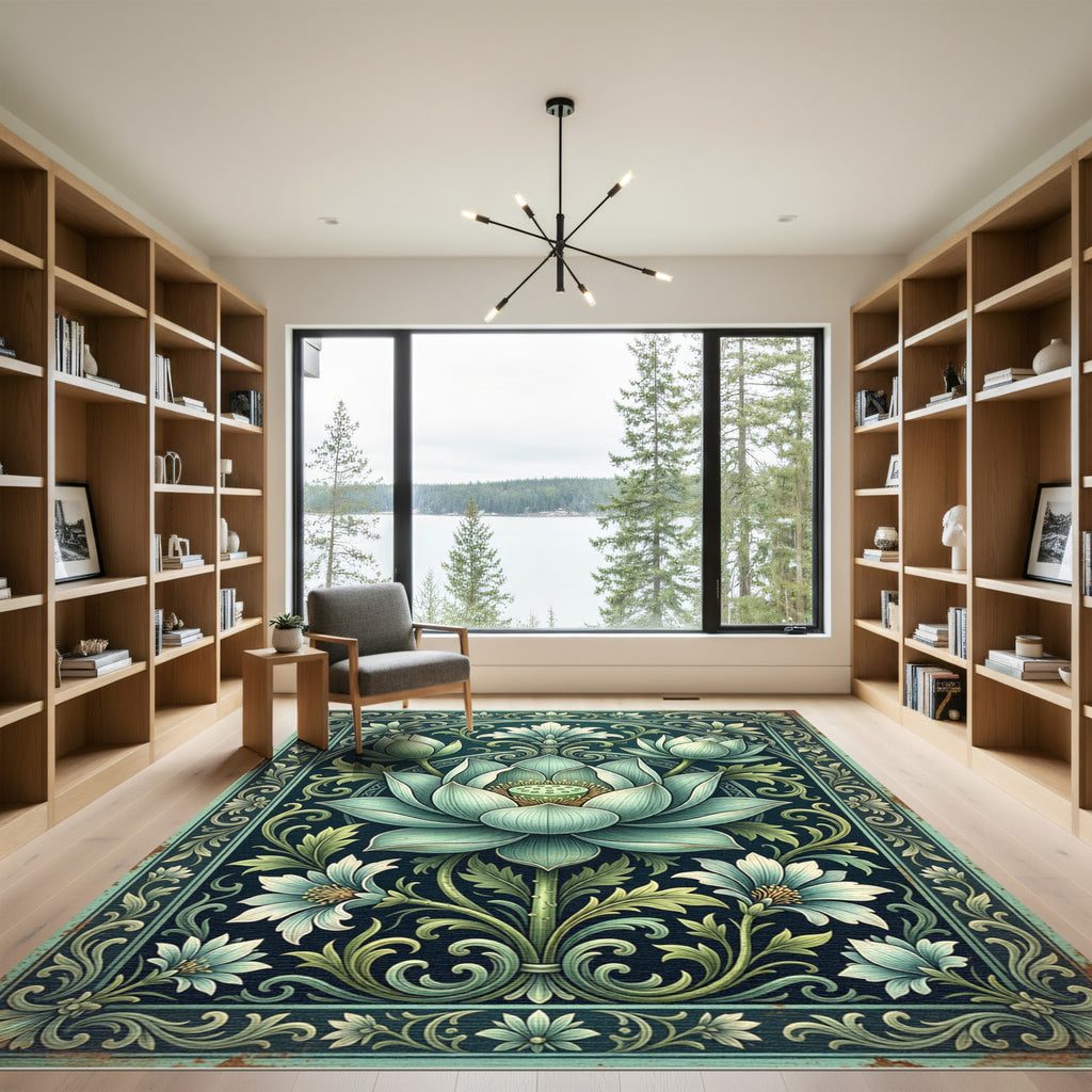 Elegant Teal Lotus Botanical Frame Rug