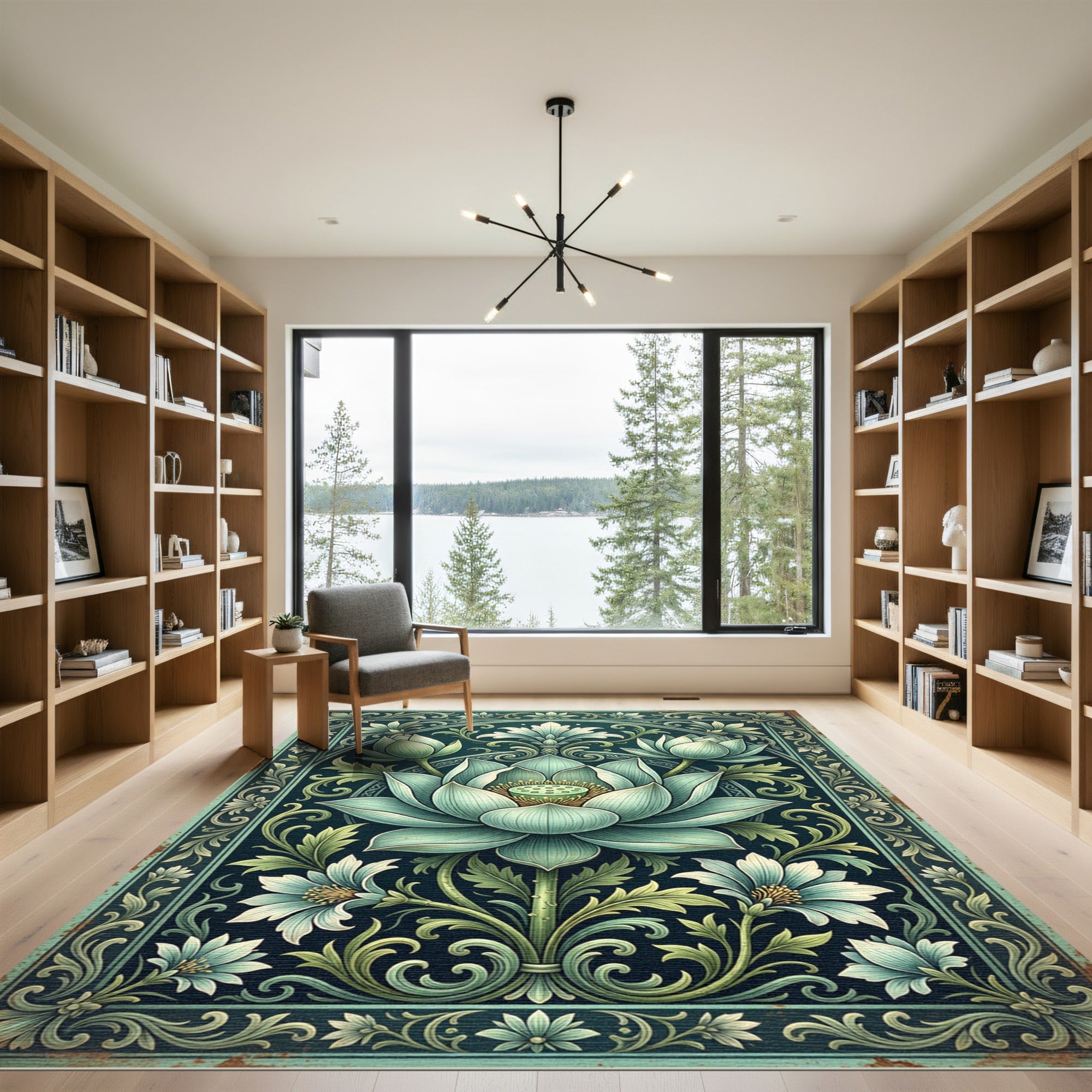Elegant Teal Lotus Botanical Frame Rug
