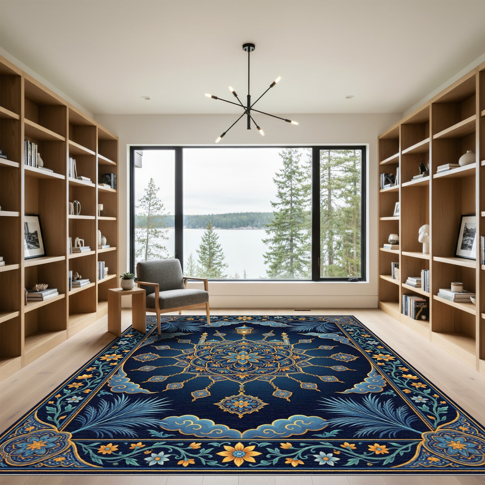 Luminous Blue Golden Mosque Medallion Rug