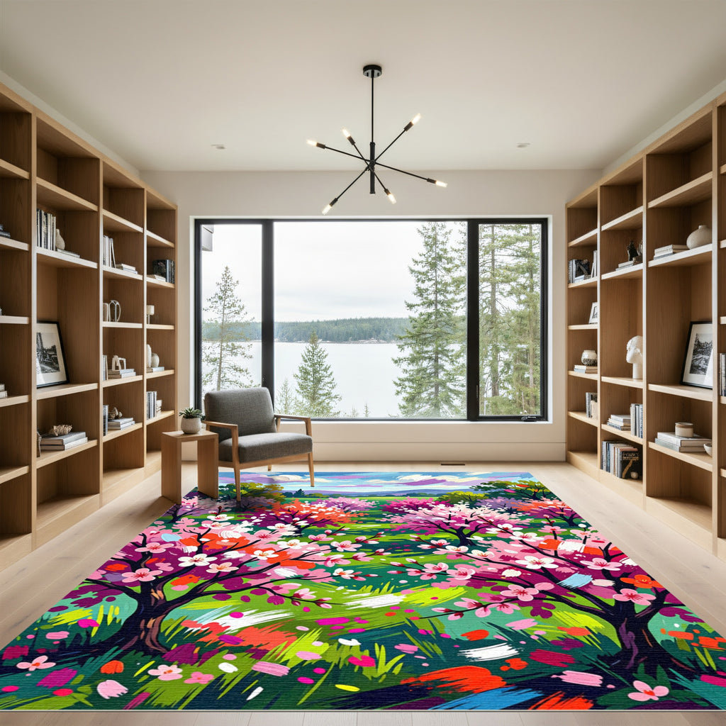 Vibrant Impressionist Cherry Blossom Landscape Rug
