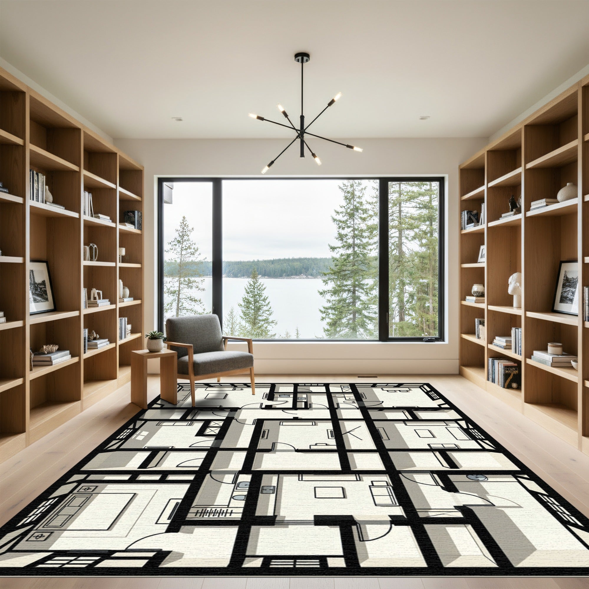 Monochromatic Modern Geometric Grid Rug