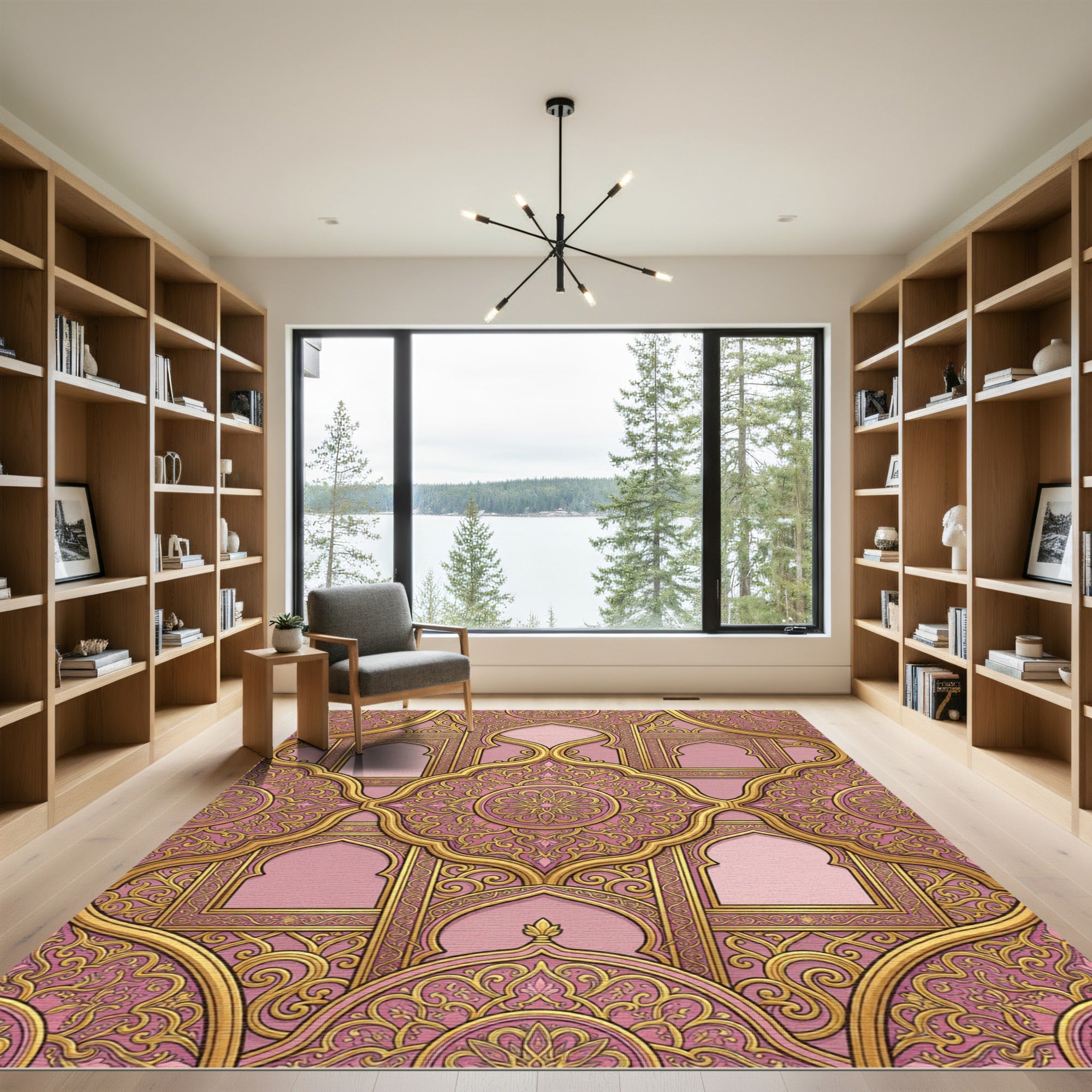Gold Damask Filigree Pink Medallion Rug