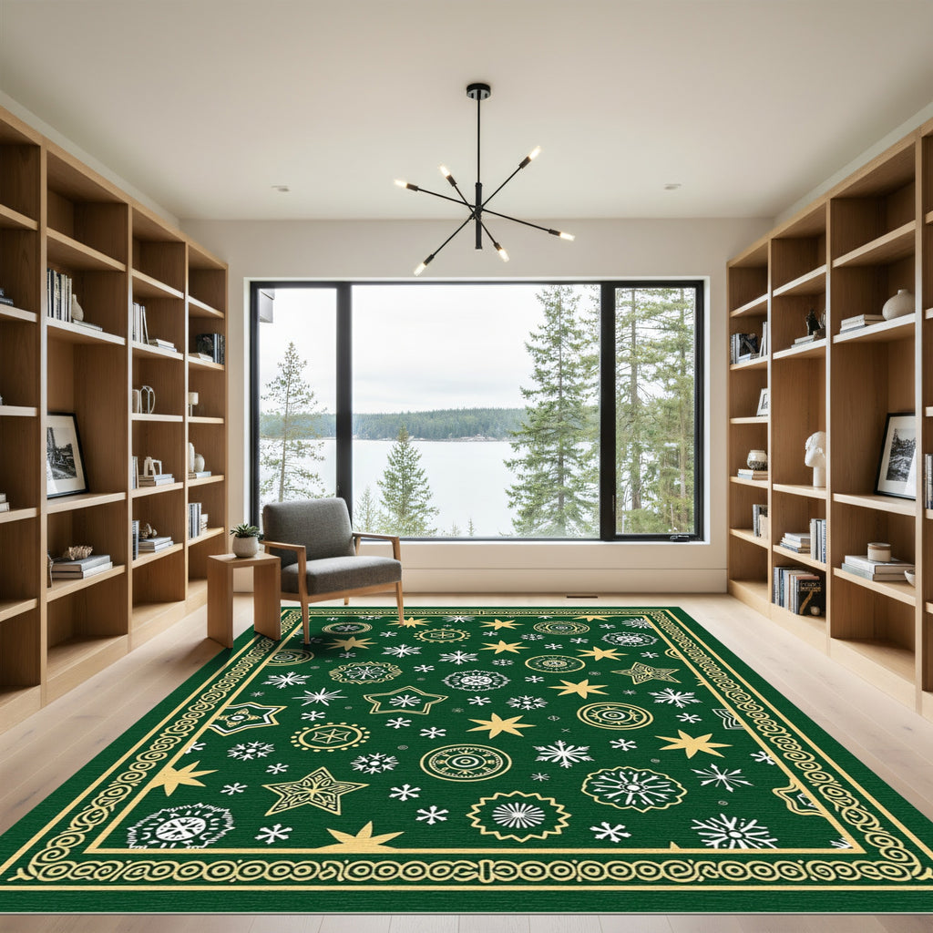 Green Gold Star Snowflake Collage Rug