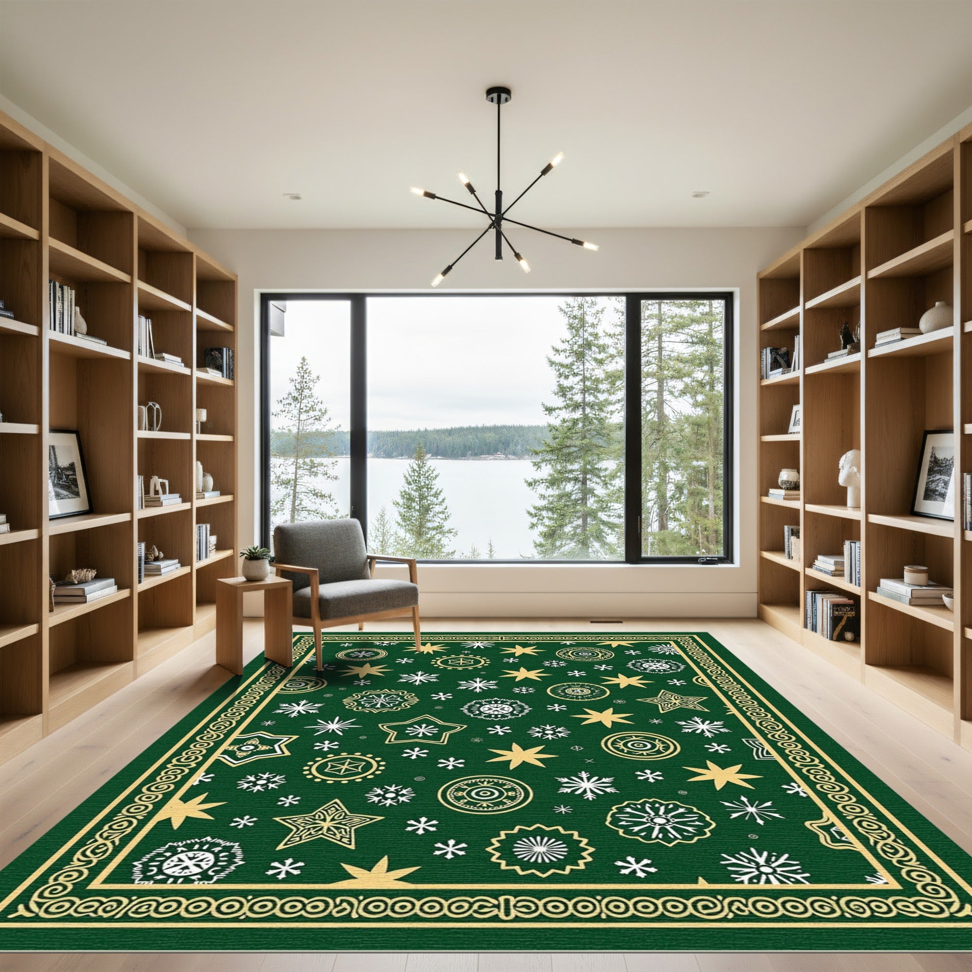 Green Gold Star Snowflake Collage Rug