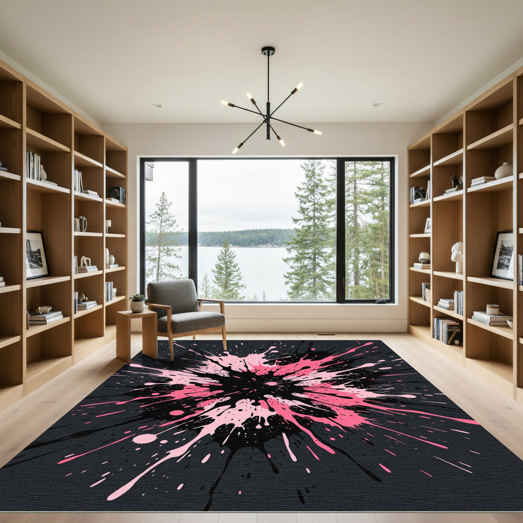Modern Pink and Black Splatter Splash Rug
