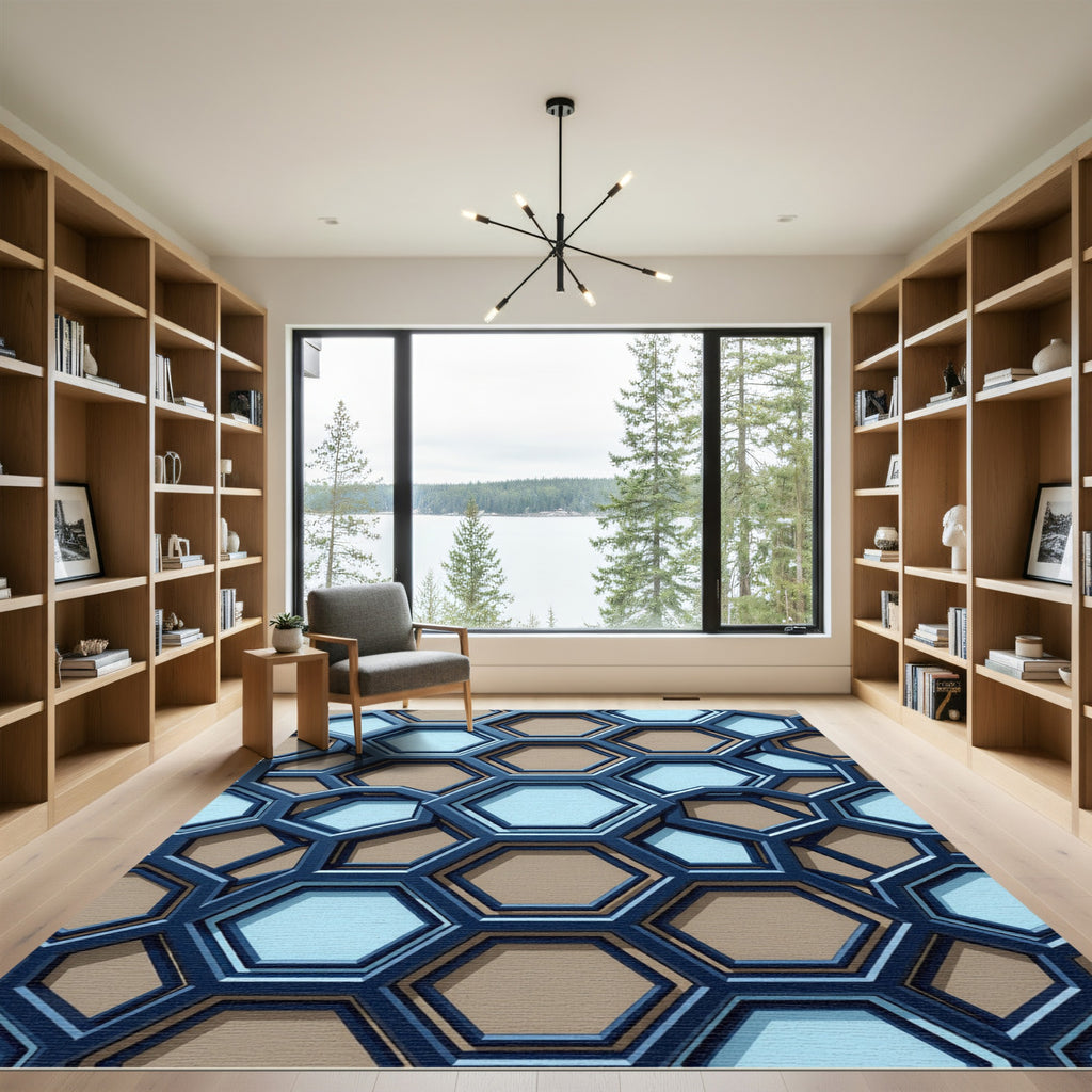 Modern Navy and Tan Geometric Hexagon Rug