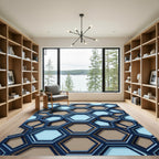 Modern Navy and Tan Geometric Hexagon Rug