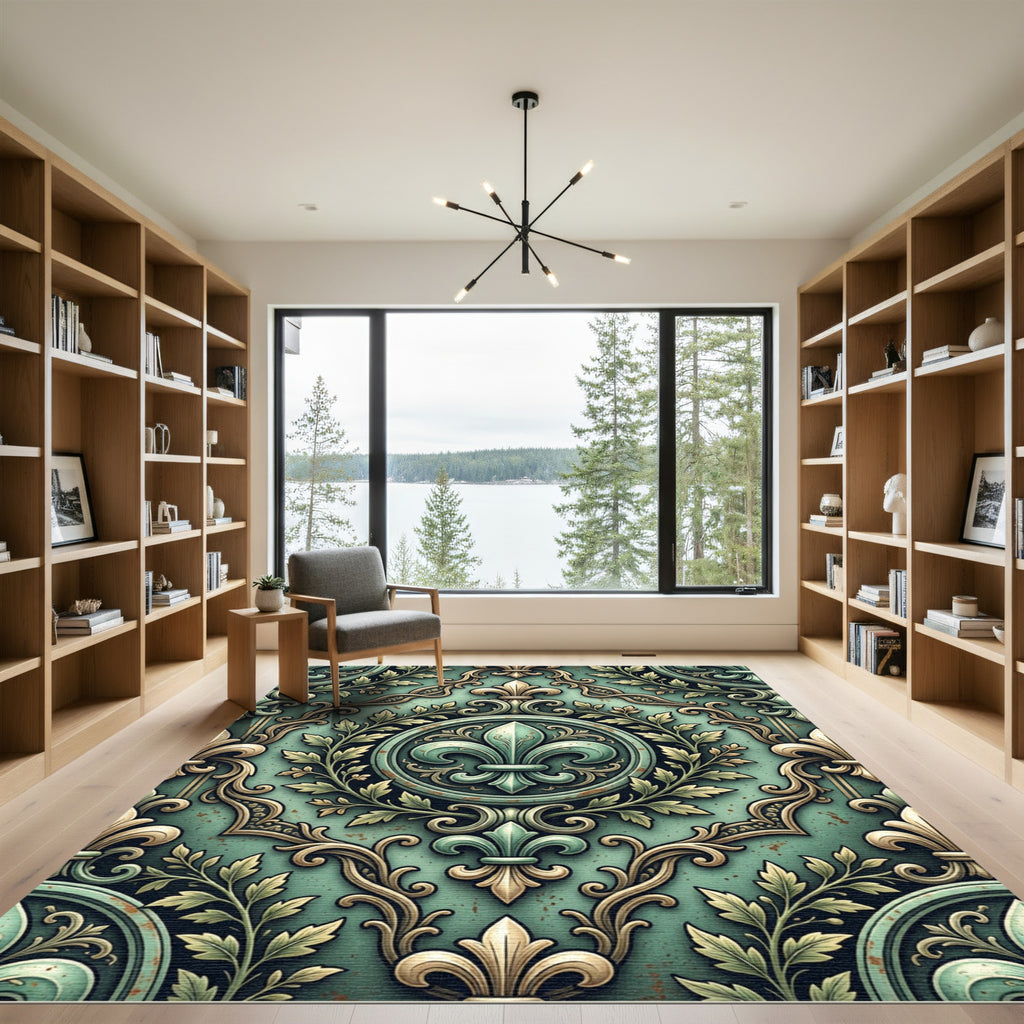 Elegant Sage Fleur de Lis Medallion Rug