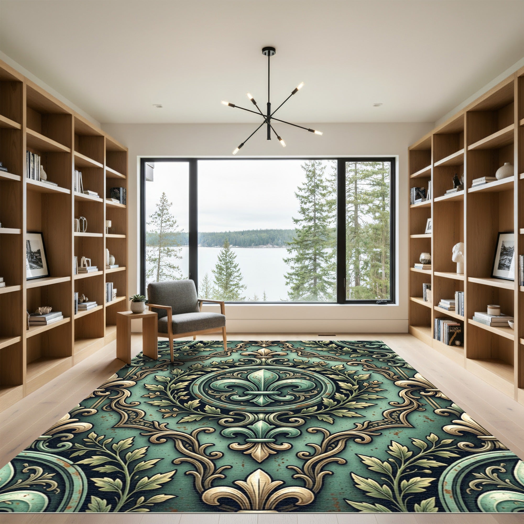 Elegant Sage Fleur de Lis Medallion Rug