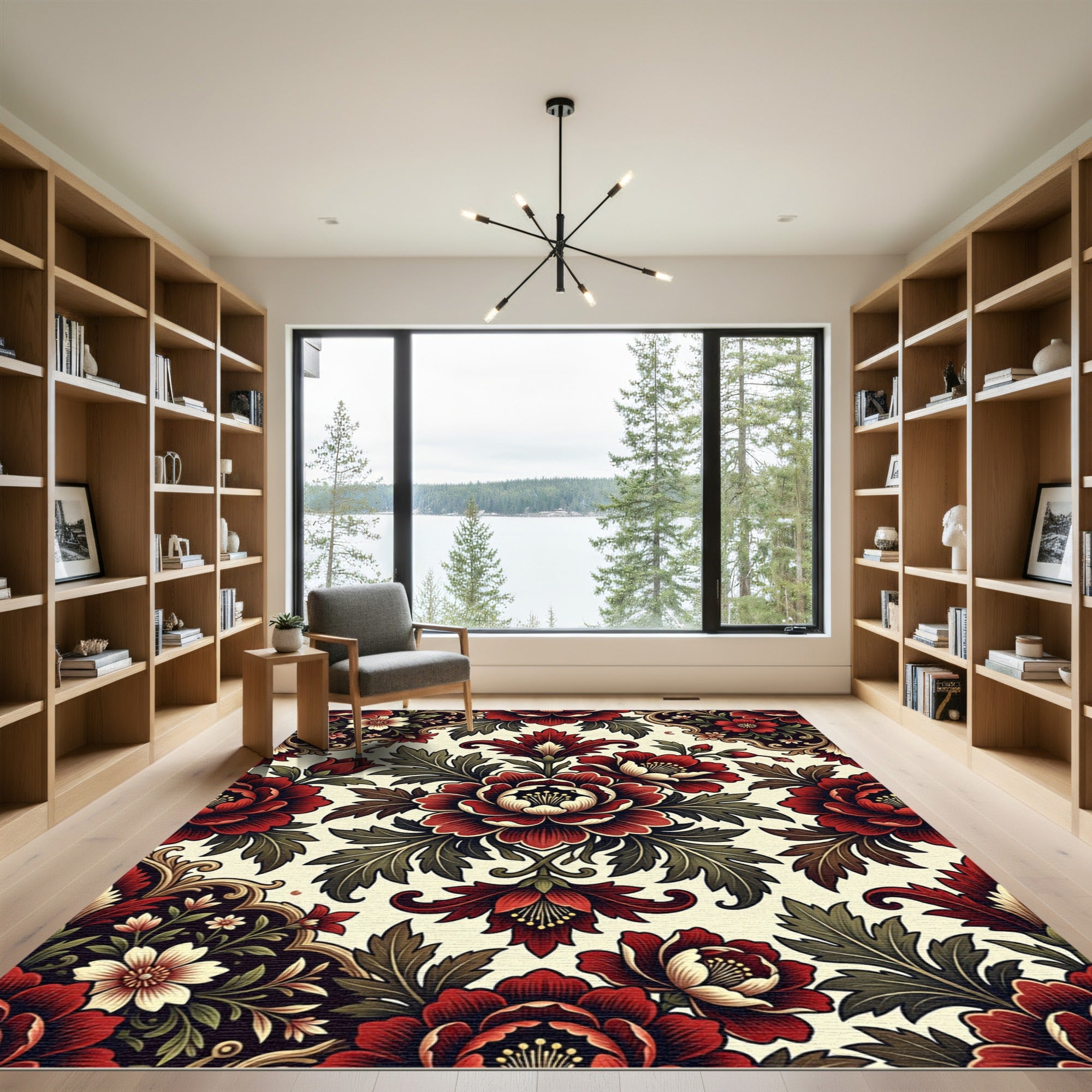 Rich Crimson Floral Damask Rug