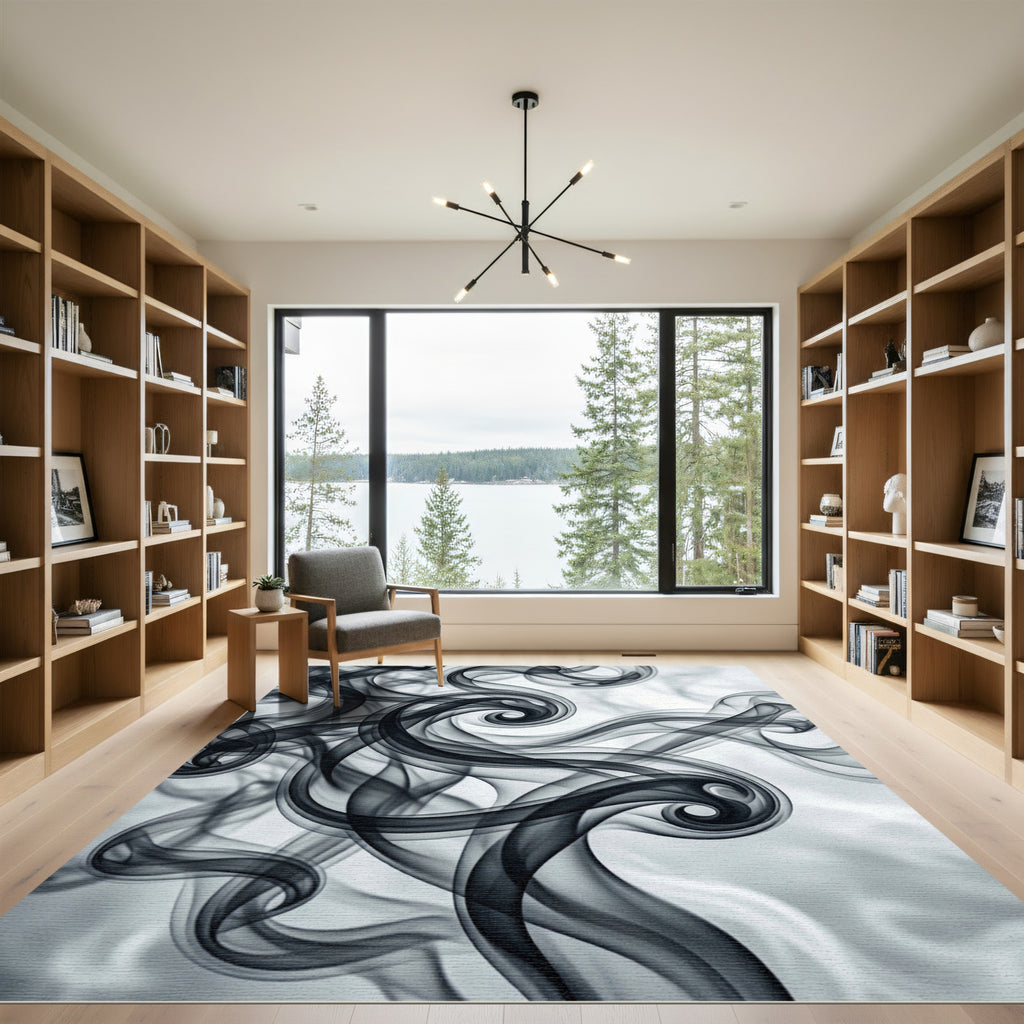 Minimalist Monochrome Black Swirl Flow Rug