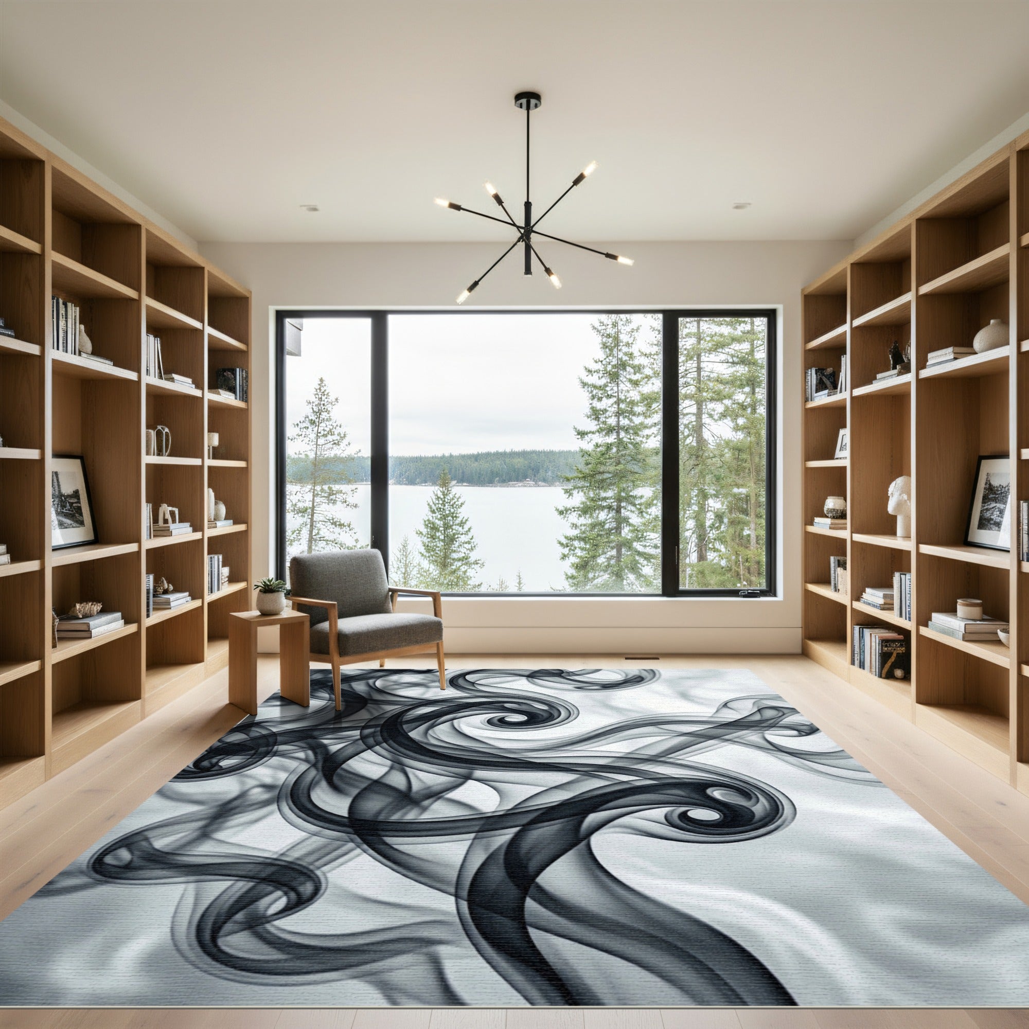 Minimalist Monochrome Black Swirl Flow Rug