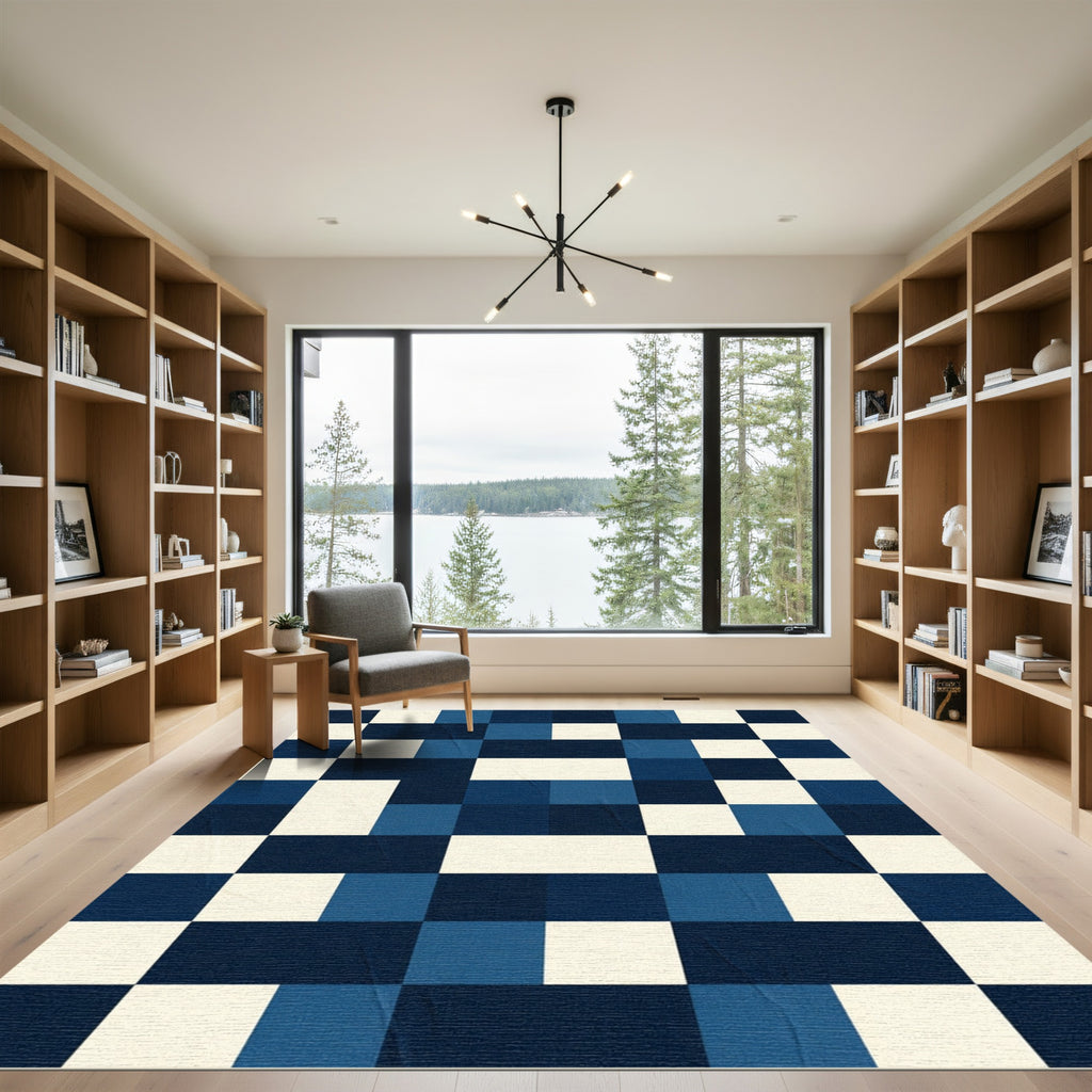 Modern Navy Blue Pixel Grid Square Rug