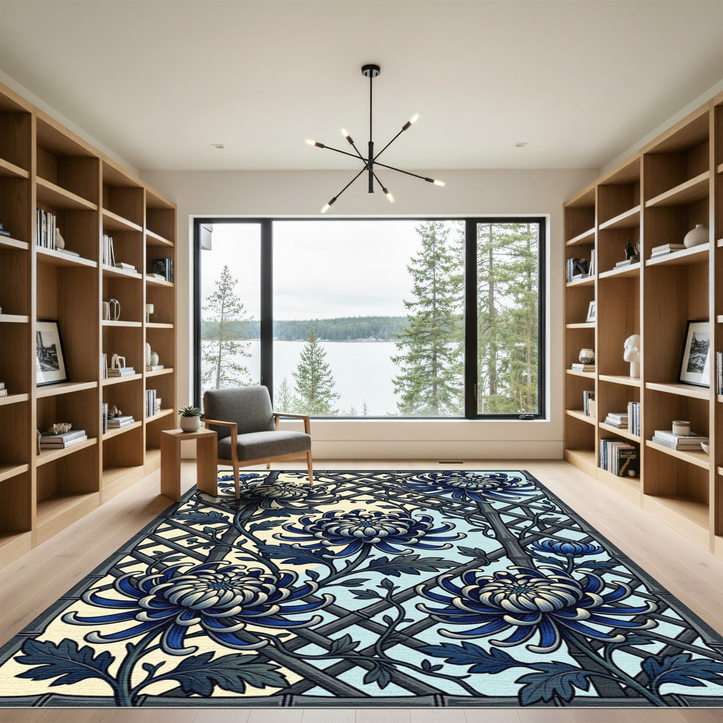 Indigo Chrysanthemum Lattice Bamboo Art Rug