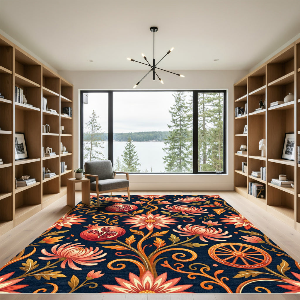 Coral Floral Pomegranate Dark Botanical Rug
