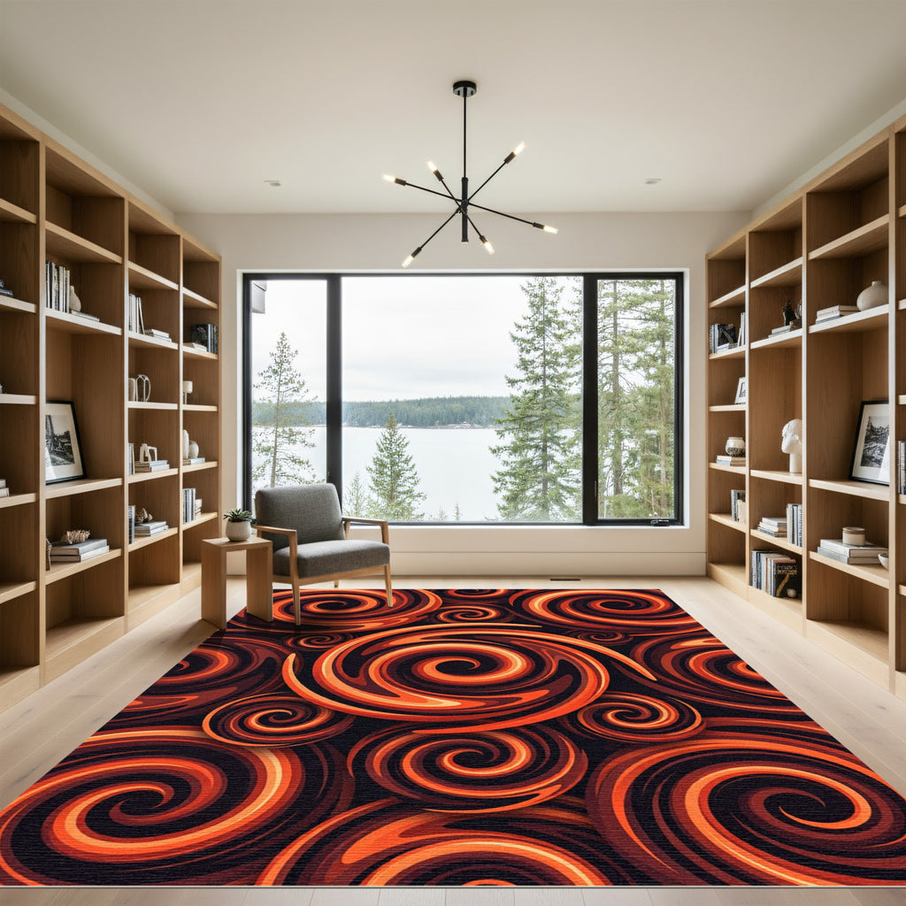 Fiery Orange Abstract Swirl Vortex Rug
