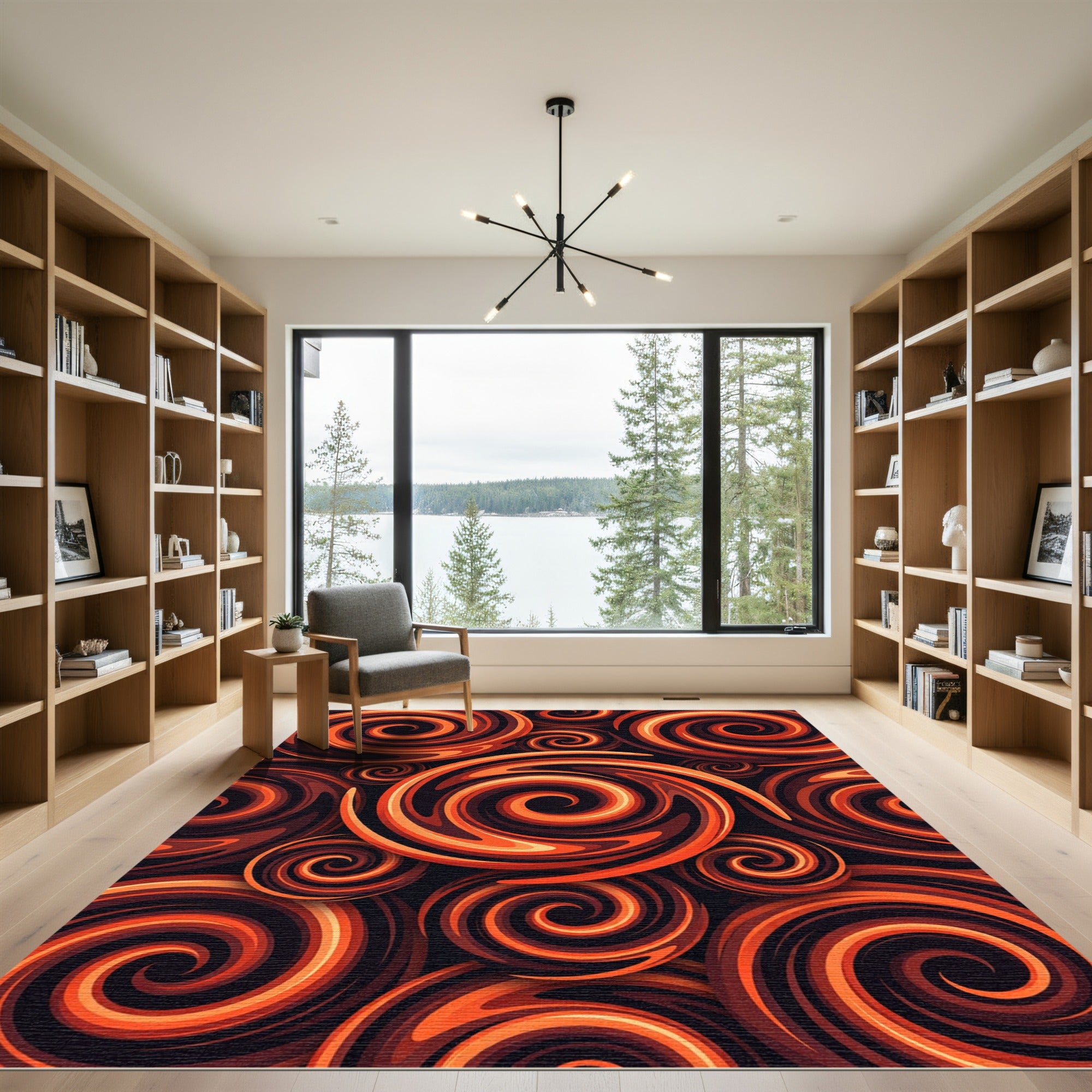 Fiery Orange Abstract Swirl Vortex Rug