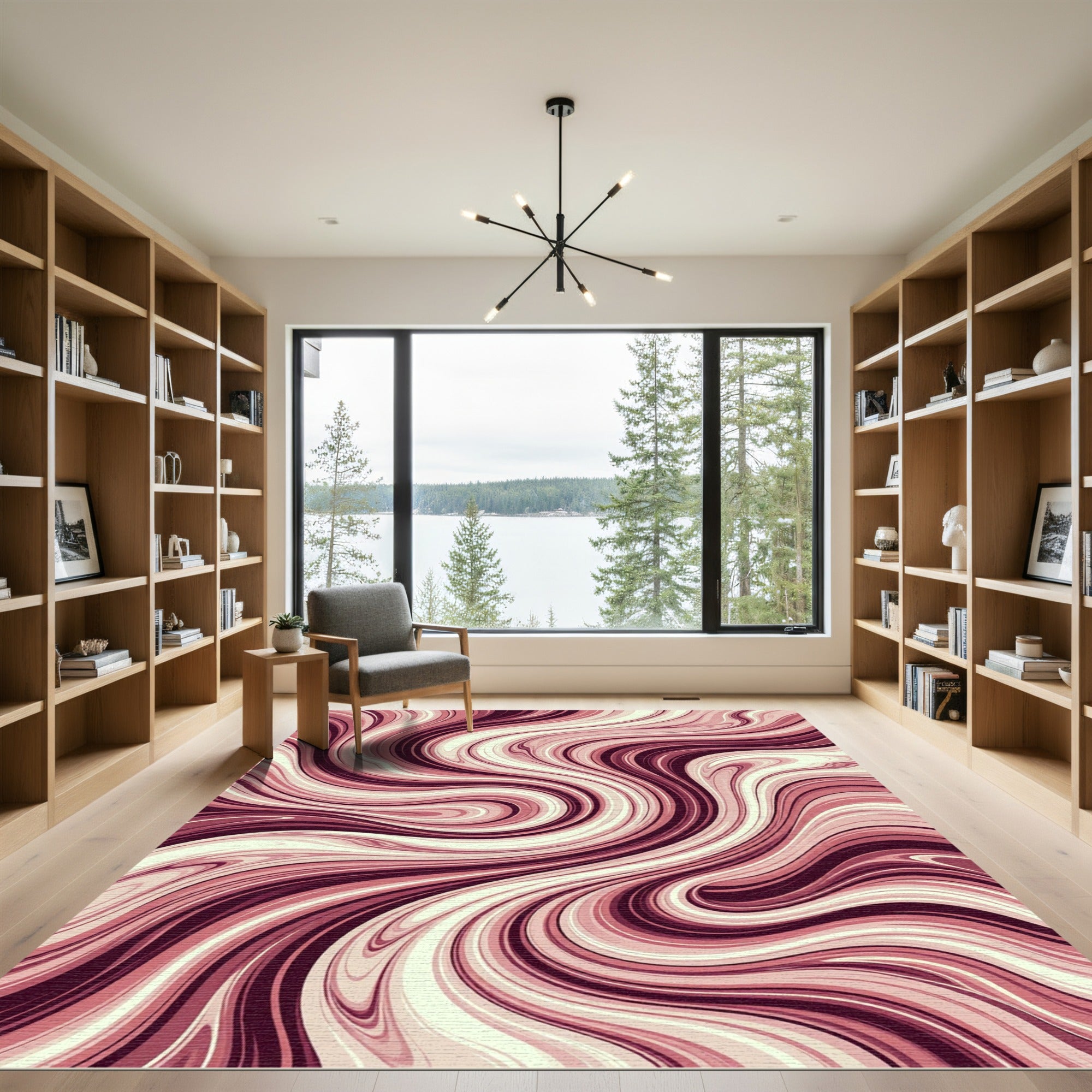 Crimson and Cream Swirling Lines Rug