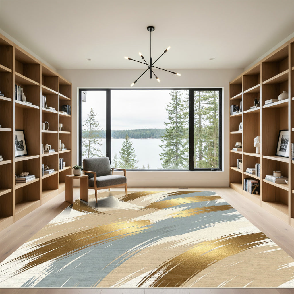 Gold and Blue Abstract Brushstroke Rug