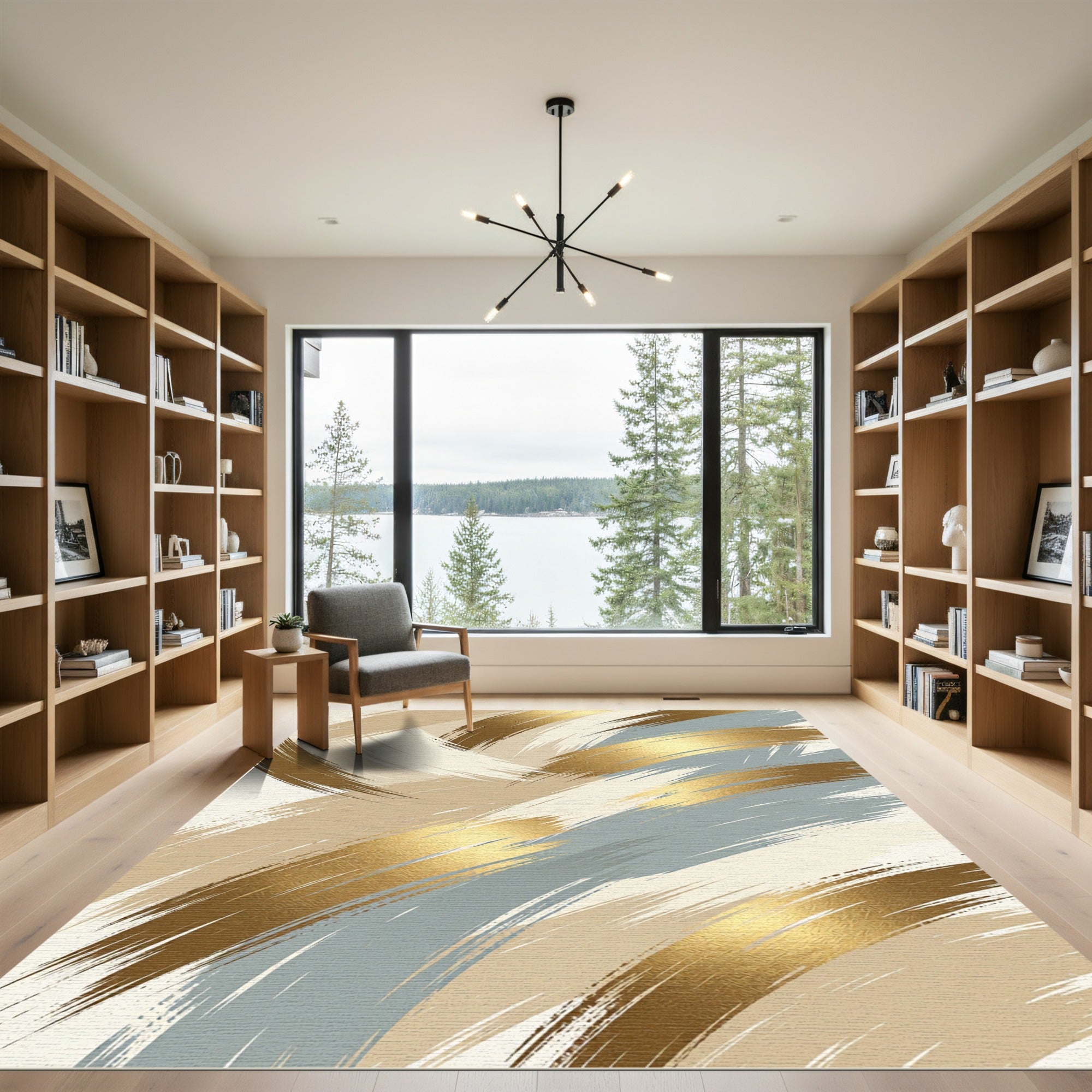 Gold and Blue Abstract Brushstroke Rug