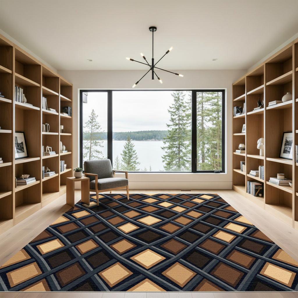 Modern Earth Tone Geometric Diamond Grid Rug