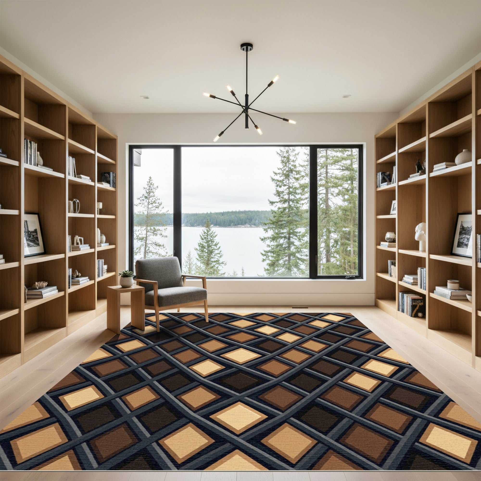Modern Earth Tone Geometric Diamond Grid Rug
