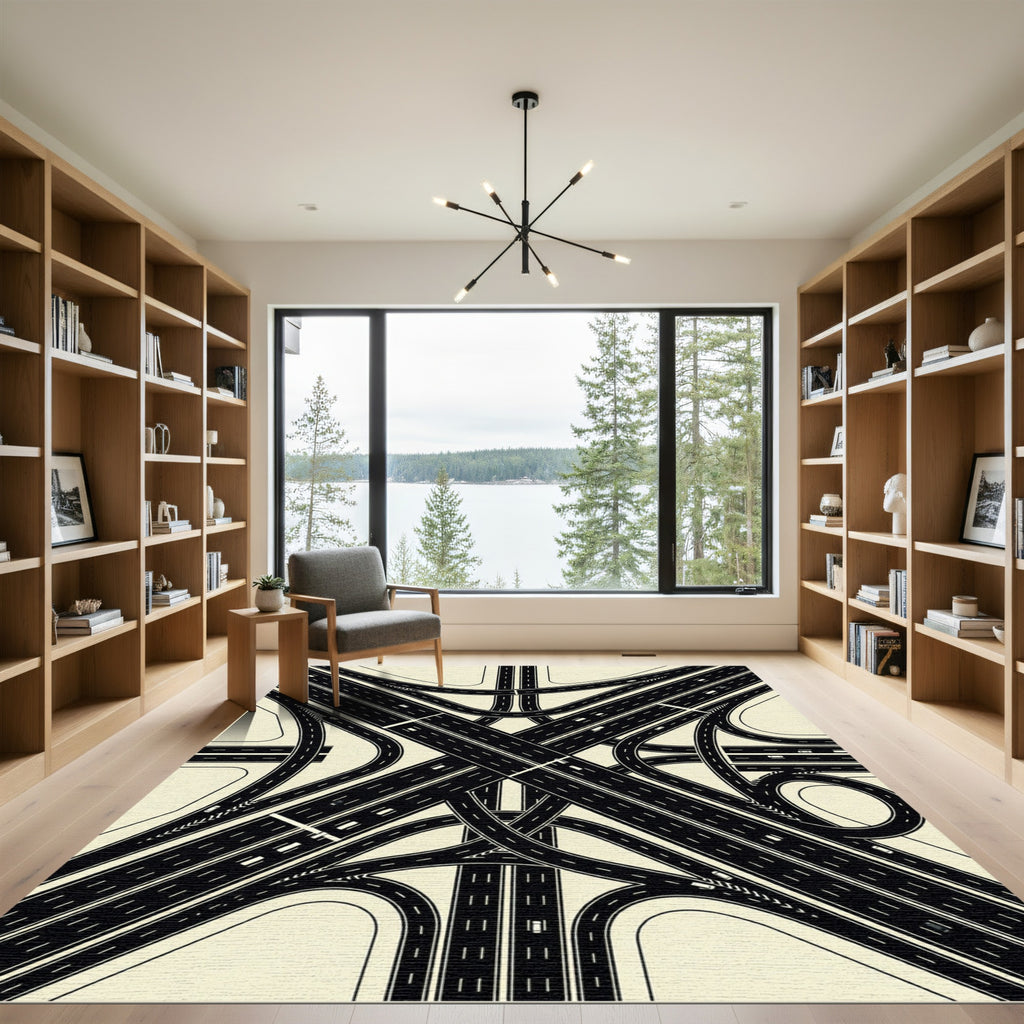 Monochrome Minimalist Highway Interchange Graphic Rug