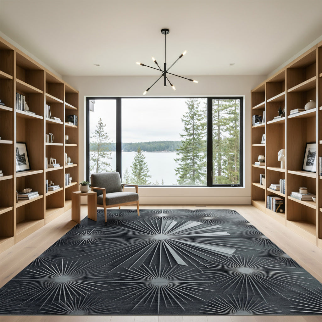 Modern Charcoal Gray Starburst Abstract Rug