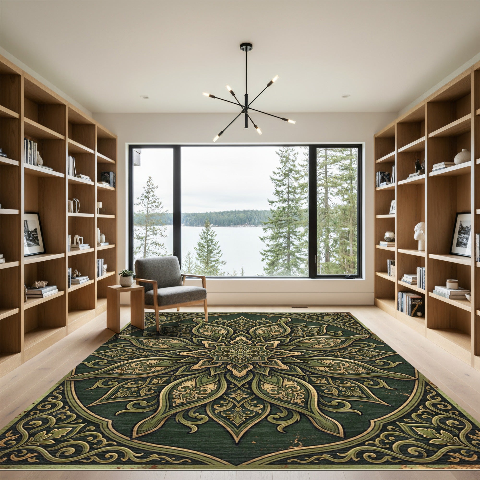 Emerald Ornate Floral Mandala Scroll Rug