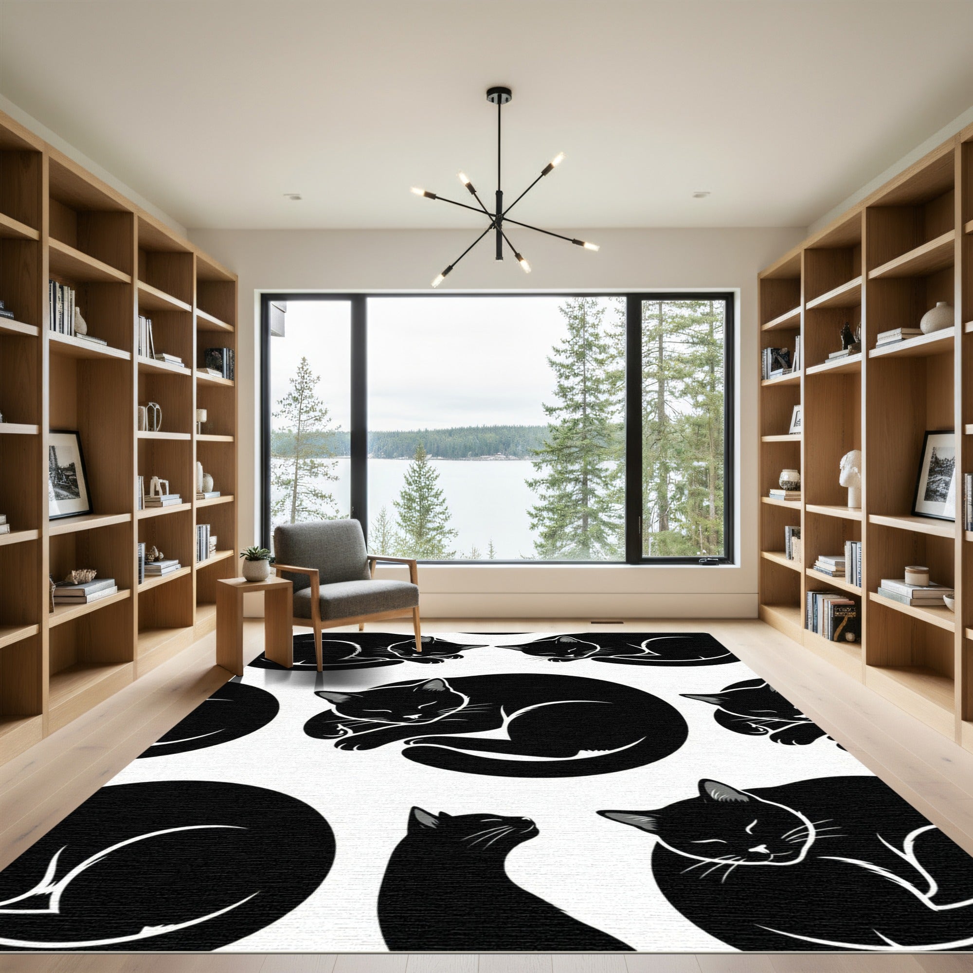 Black Sleeping Cats Repeating Pattern Rug