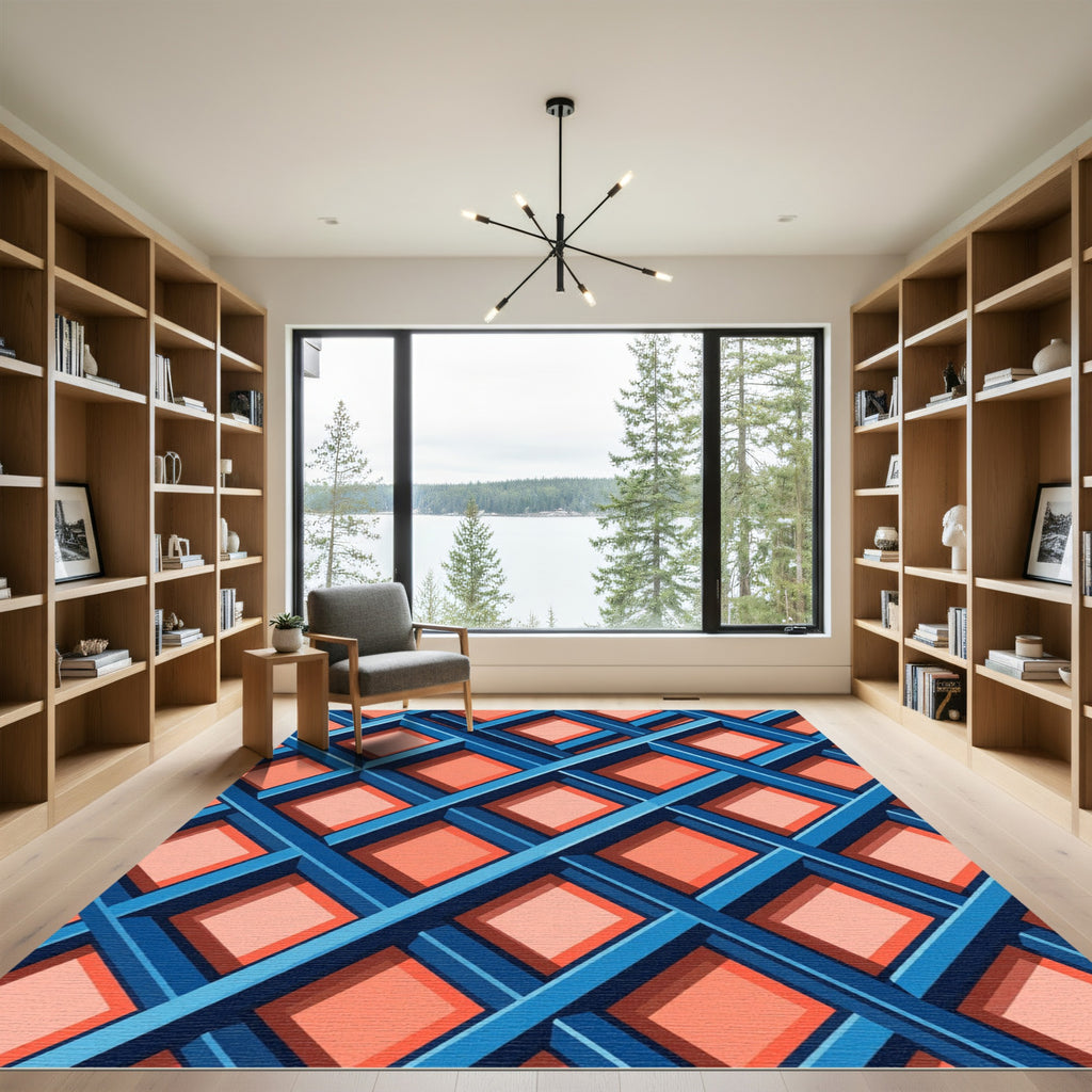 Geometric Blue and Coral Lattice Rug