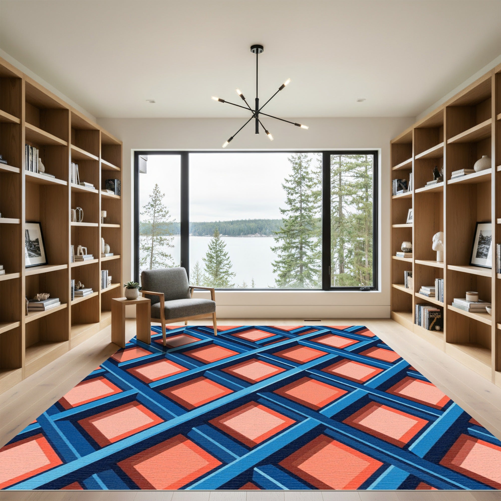 Geometric Blue and Coral Lattice Rug