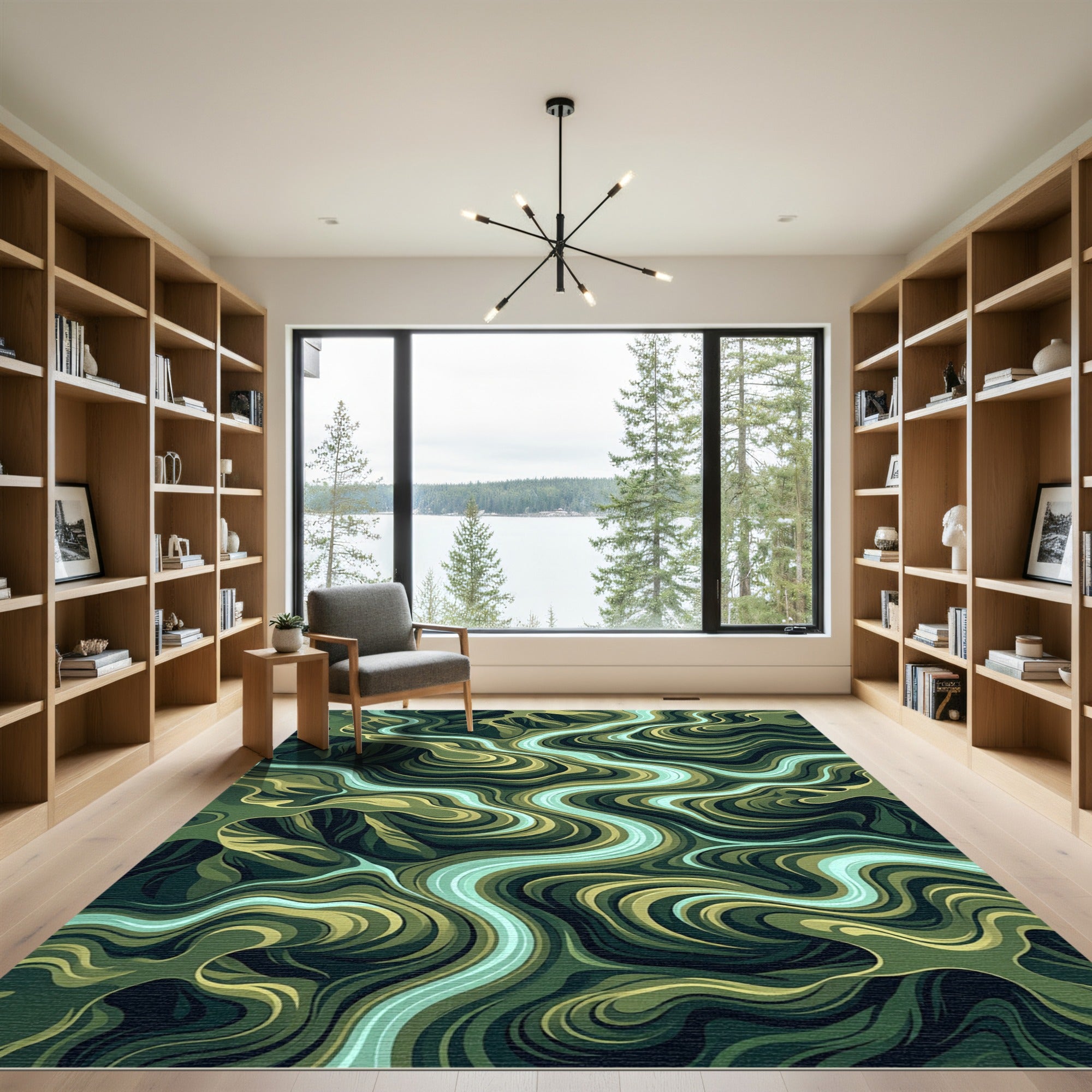 Earthy Teal Winding River Landscape Rug