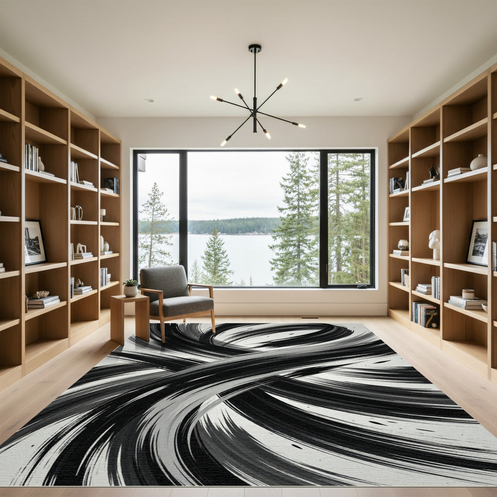 Monochrome Abstract Black and White Swirl Rug