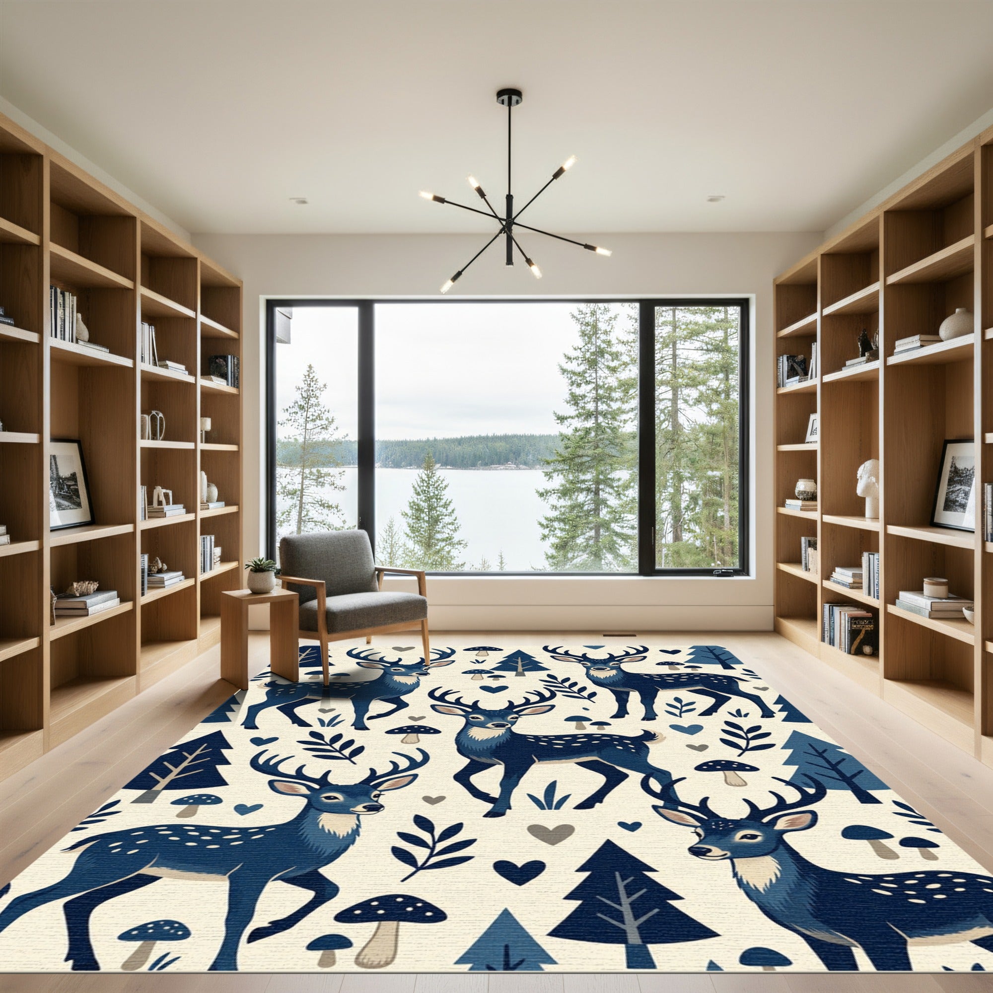 Whimsical Navy Forest Deer Woodland Rug